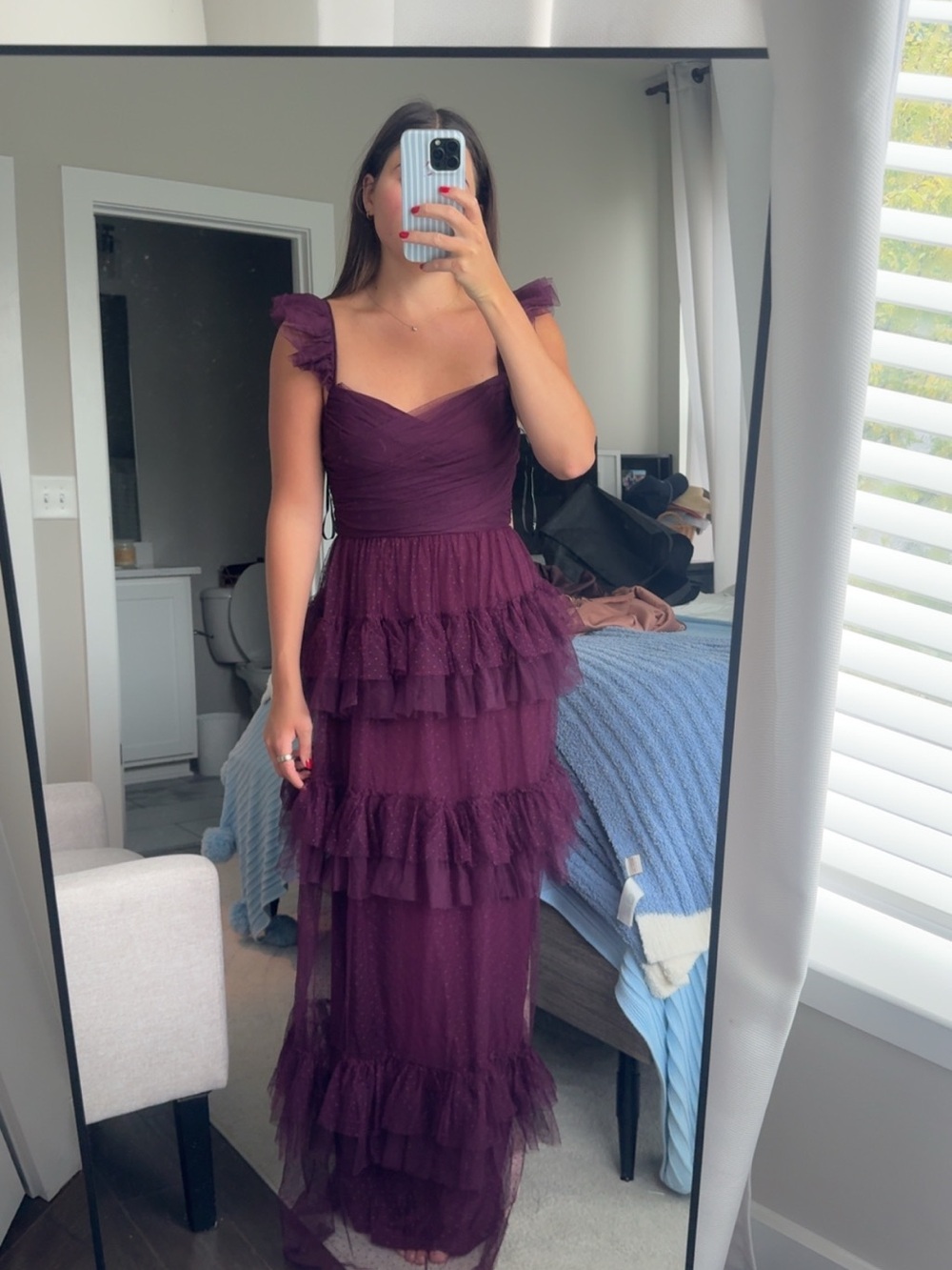Lulus Pure Radiance Plum Purple Mesh Swiss Dot Tiered Maxi Dress - Size S - Picture 2 of 2